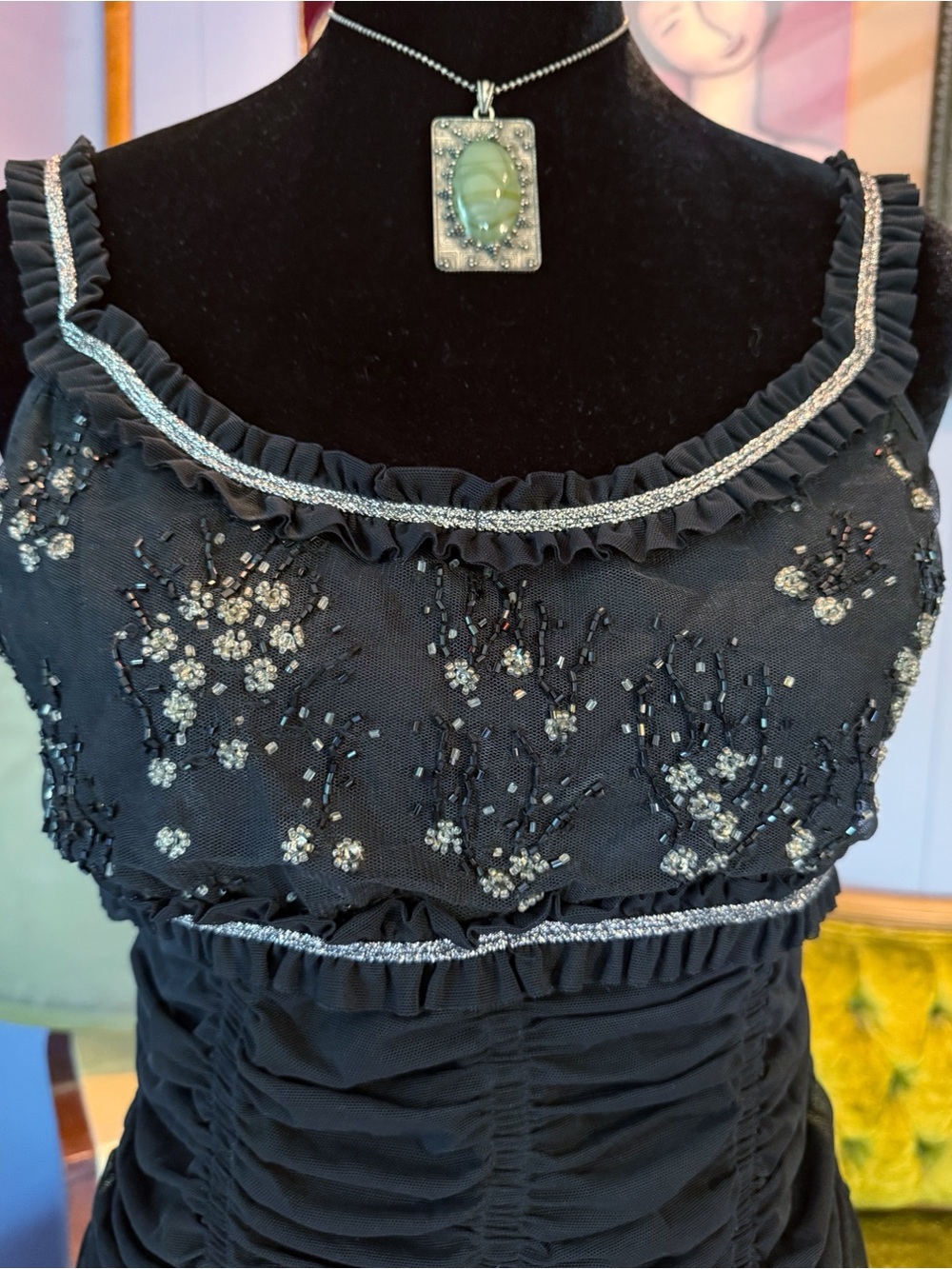 Vintage Y2K Flora Nikrooz Beaded Sheer Black Ruched Mesh Fairycore Top Size M - Picture 5 of 8